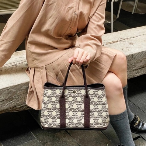Hermes 烏木色稀有絕版多邊「H」幾何 格紋GardenParty Gp30帆布拼皮花園包 30*15*23 98新配件塵袋