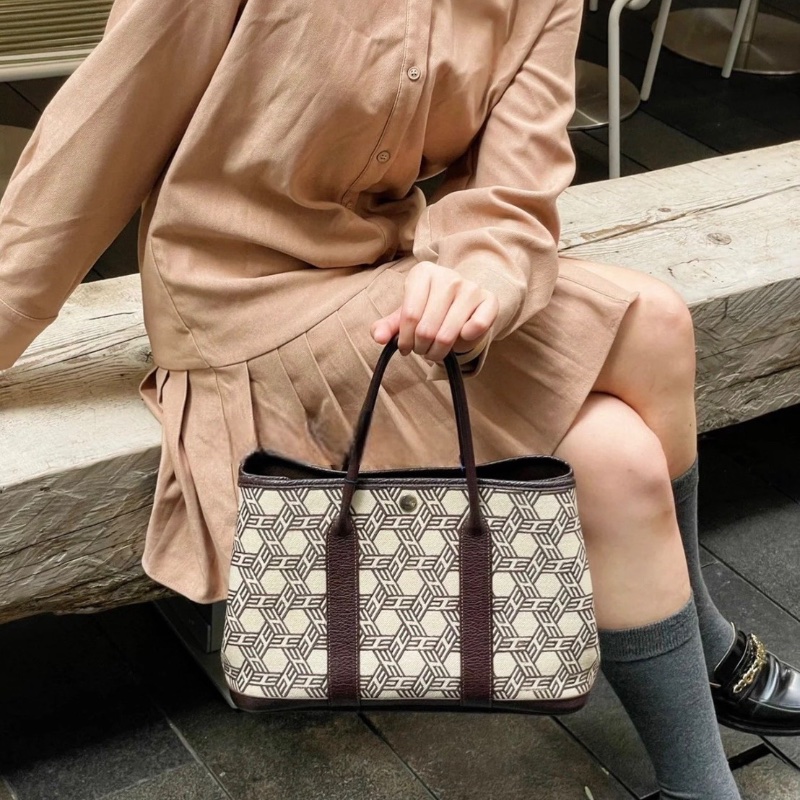Hermes 烏木色稀有絕版多邊「H」幾何 格紋GardenParty Gp30帆布拼皮花園包 30*15*23 98新配件塵袋-0