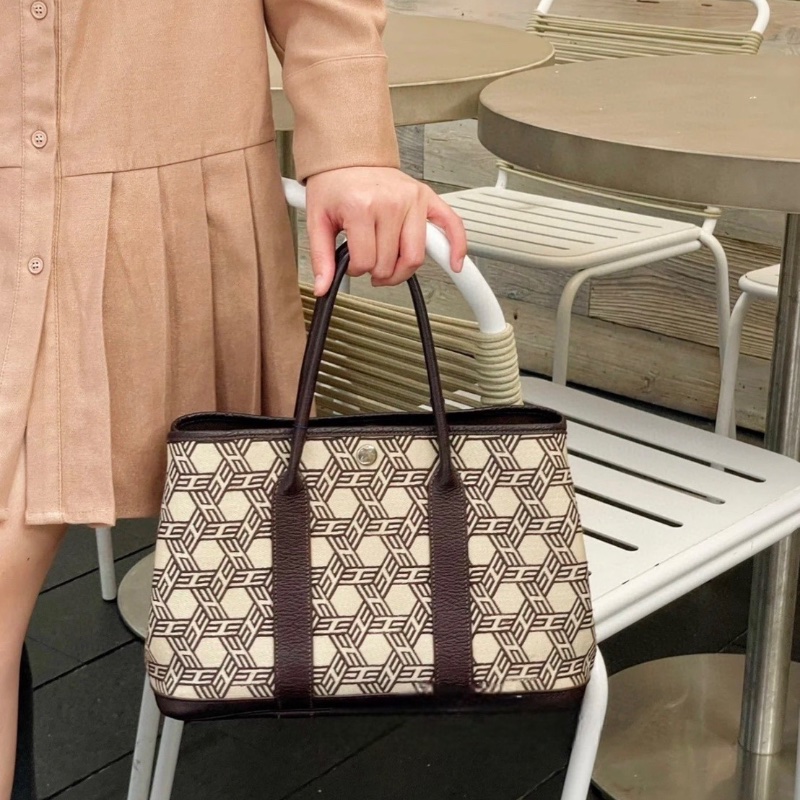 Hermes 烏木色稀有絕版多邊「H」幾何 格紋GardenParty Gp30帆布拼皮花園包 30*15*23 98新配件塵袋-1