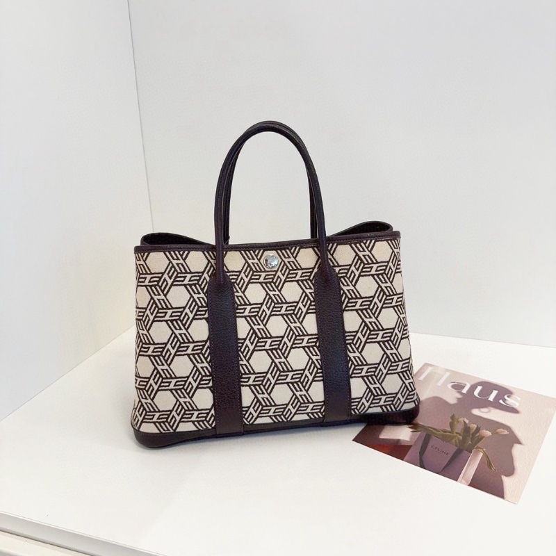 Hermes 烏木色稀有絕版多邊「H」幾何 格紋GardenParty Gp30帆布拼皮花園包 30*15*23 98新配件塵袋-6