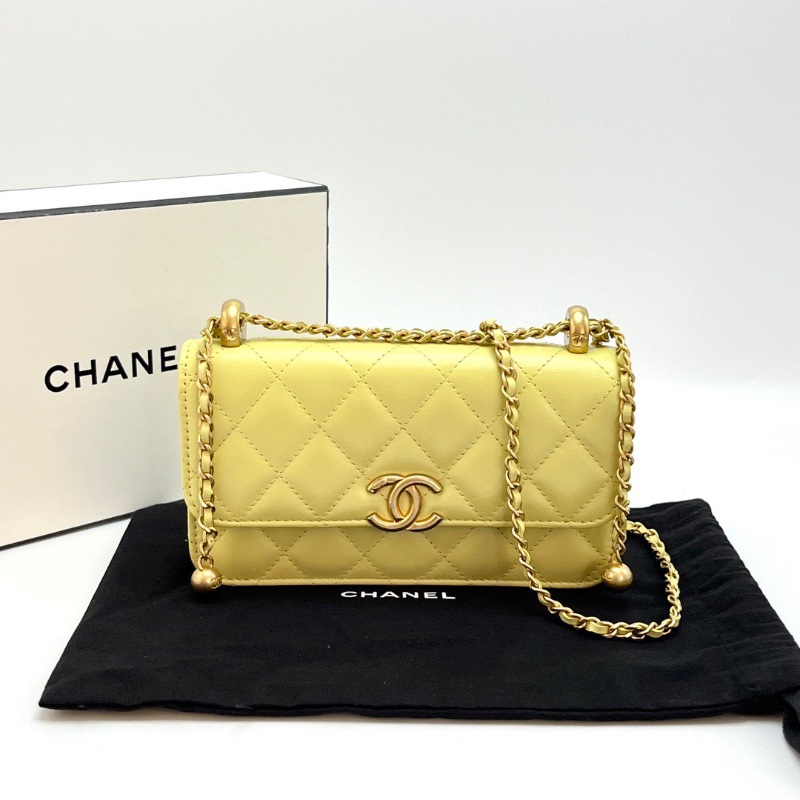 CHANEL 24C小雞黃色金扣雙金珠woc肩背斜背鏈條包 17*9*3 98新配件盒子塵袋-1