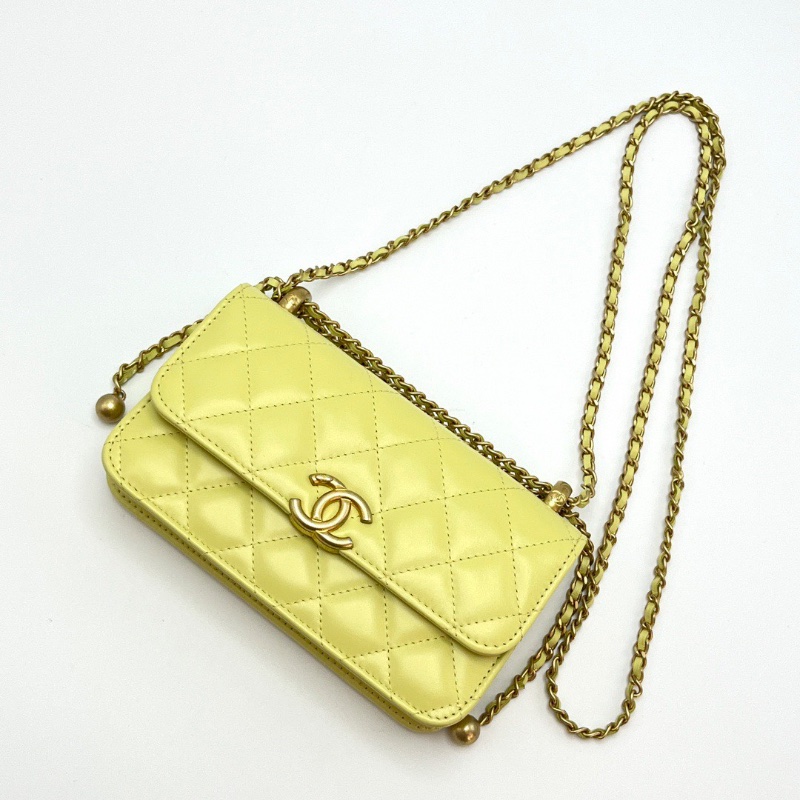 CHANEL 24C小雞黃色金扣雙金珠woc肩背斜背鏈條包 17*9*3 98新配件盒子塵袋-3