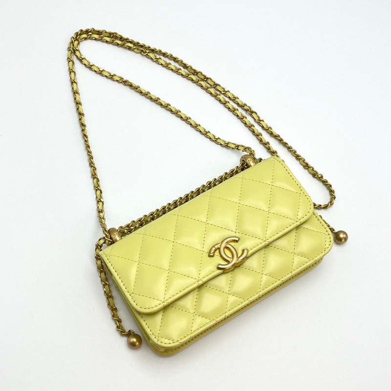 CHANEL 24C小雞黃色金扣雙金珠woc肩背斜背鏈條包 17*9*3 98新配件盒子塵袋-5