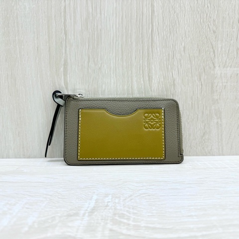 Loewe大象灰牛皮拚芥末黃卡片夾側流蘇L拉零錢卡包C660Z40X04