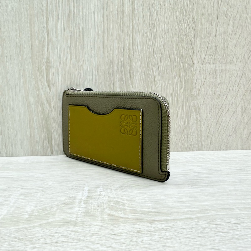 Loewe大象灰牛皮拚芥末黃卡片夾側流蘇L拉零錢卡包C660Z40X04-2