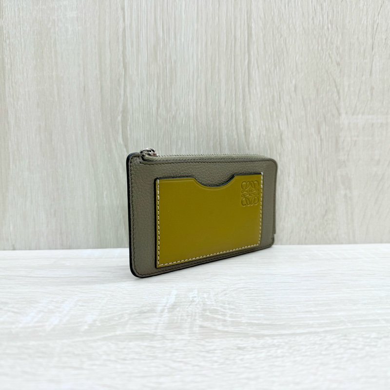 Loewe大象灰牛皮拚芥末黃卡片夾側流蘇L拉零錢卡包C660Z40X04-3