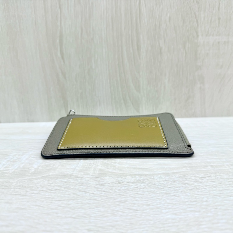 Loewe大象灰牛皮拚芥末黃卡片夾側流蘇L拉零錢卡包C660Z40X04-4