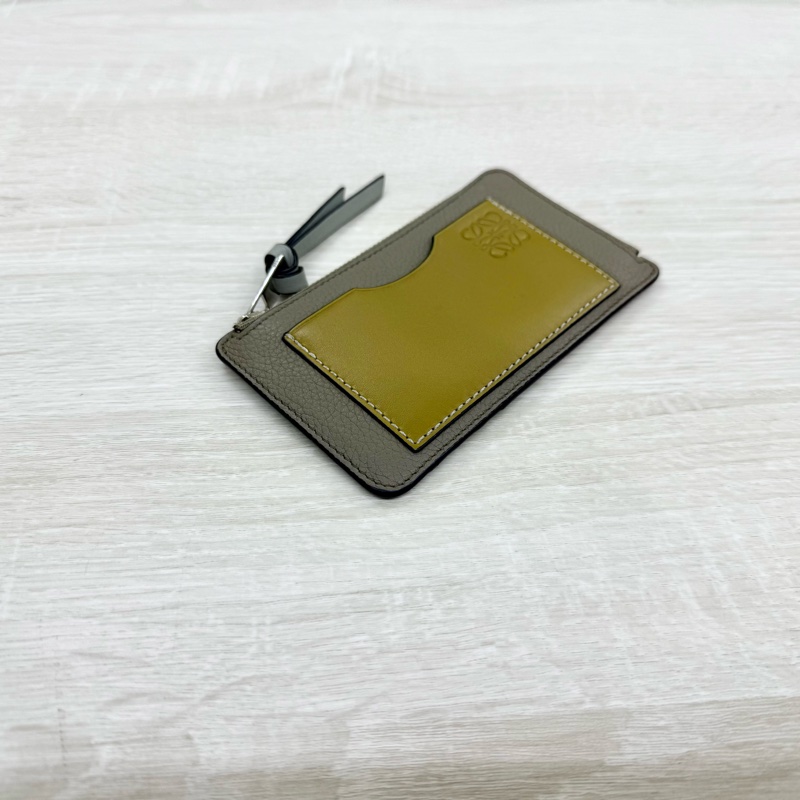 Loewe大象灰牛皮拚芥末黃卡片夾側流蘇L拉零錢卡包C660Z40X04-5