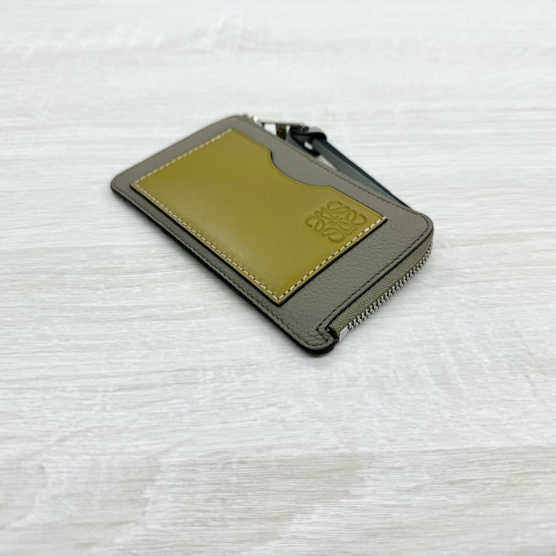 Loewe大象灰牛皮拚芥末黃卡片夾側流蘇L拉零錢卡包C660Z40X04-6