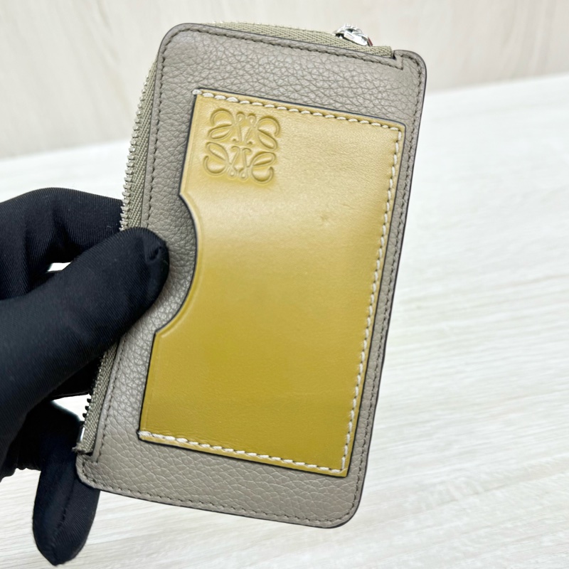 Loewe大象灰牛皮拚芥末黃卡片夾側流蘇L拉零錢卡包C660Z40X04-11