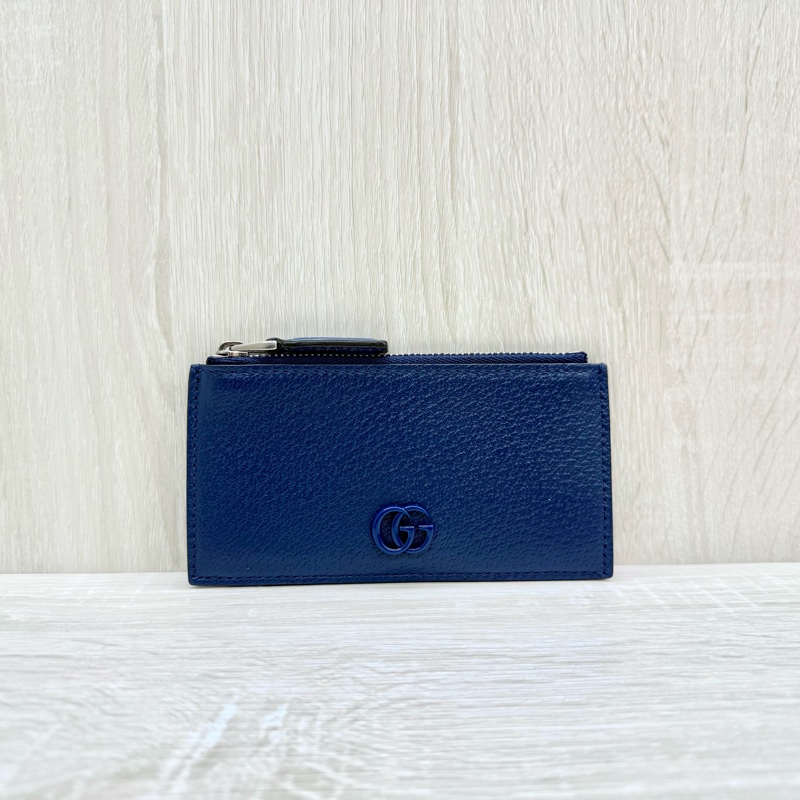 GUCCI深藍色牛皮藍GG一字拉零錢卡包722726-0
