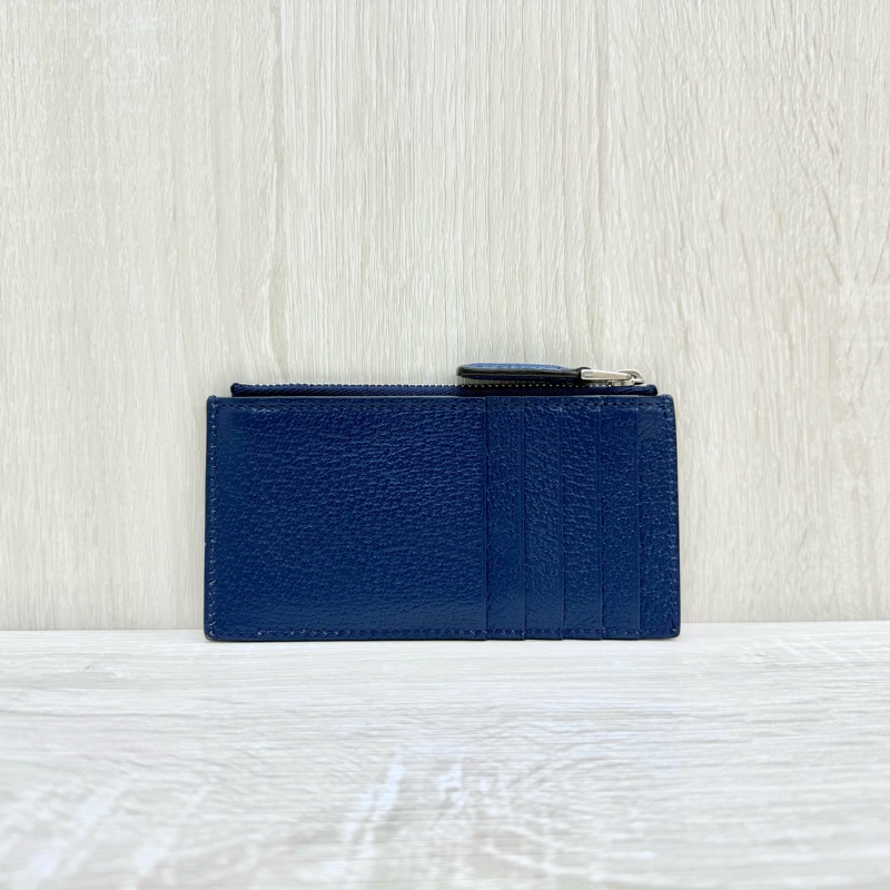 GUCCI深藍色牛皮藍GG一字拉零錢卡包722726-1
