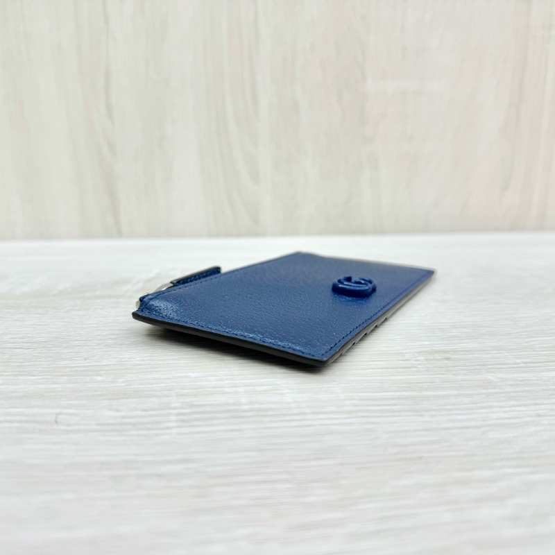 GUCCI深藍色牛皮藍GG一字拉零錢卡包722726-3