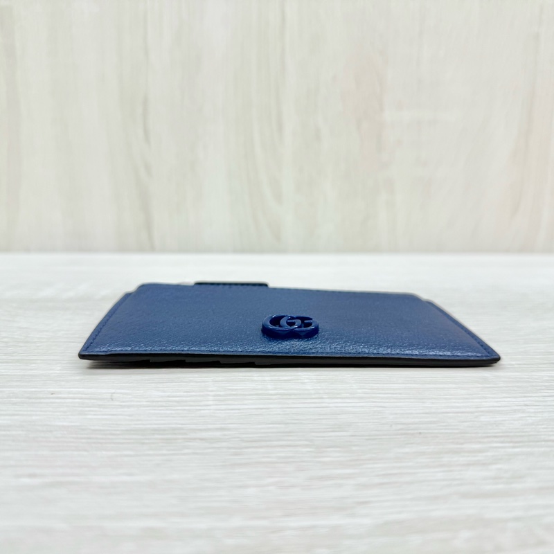 GUCCI深藍色牛皮藍GG一字拉零錢卡包722726-4