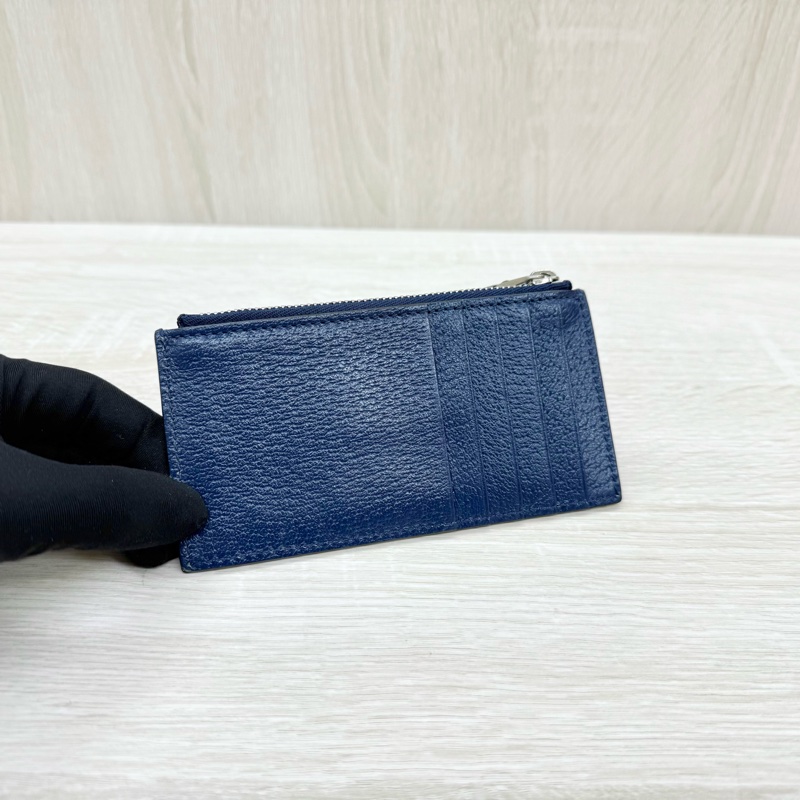 GUCCI深藍色牛皮藍GG一字拉零錢卡包722726-6