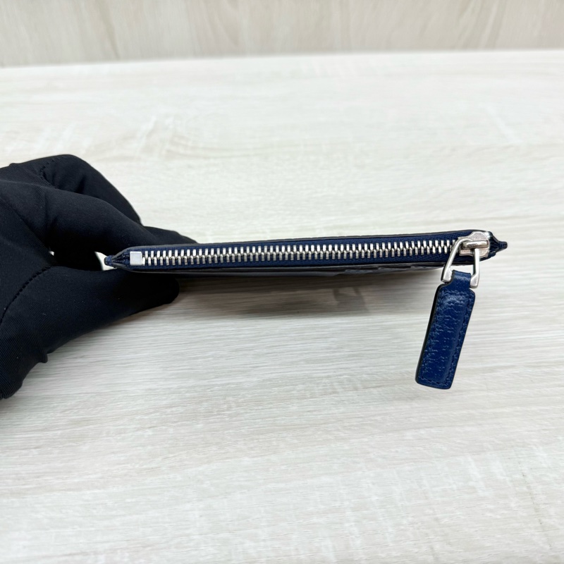 GUCCI深藍色牛皮藍GG一字拉零錢卡包722726-7