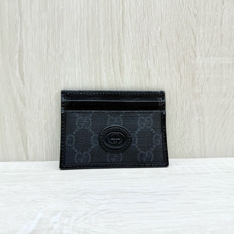 Gucci黑灰老花拼黑色皮革GG logo卡夾673002