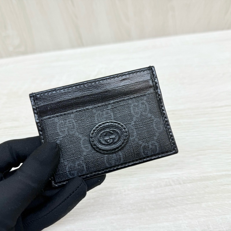 Gucci黑灰老花拼黑色皮革GG logo卡夾673002-7