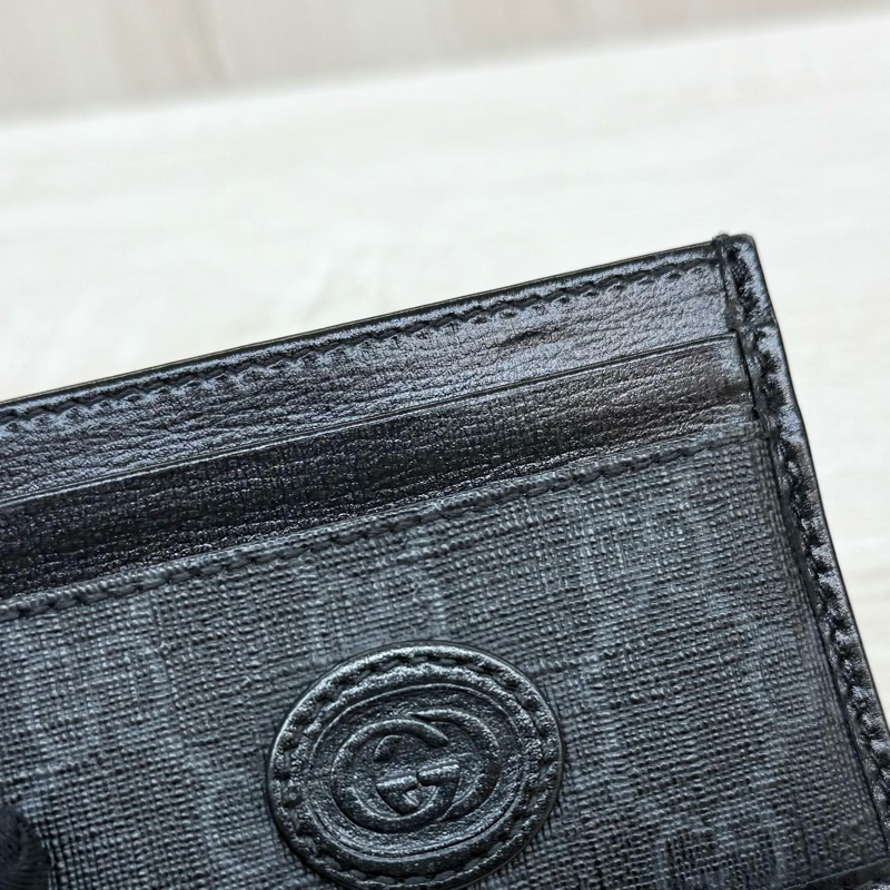 Gucci黑灰老花拼黑色皮革GG logo卡夾673002-11