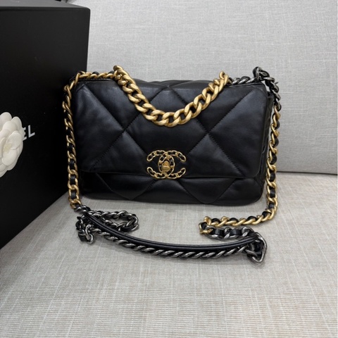 CHANEL 香奈兒 19系列 經典雙C LOGO菱格紋小羊皮三用金鍊包 黑色