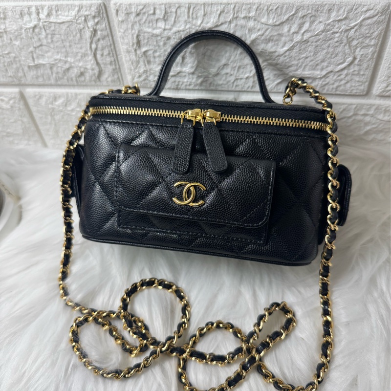 Chanel 手提長盒子化妝包 黑色金扣荔枝牛皮-2