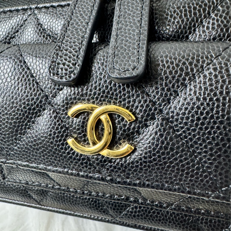 Chanel 手提長盒子化妝包 黑色金扣荔枝牛皮-5