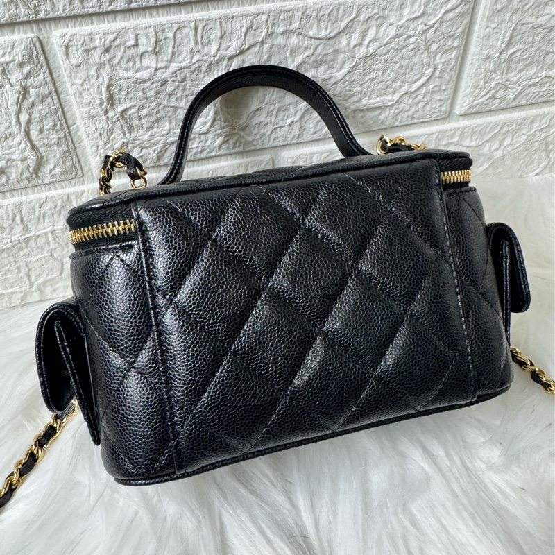 Chanel 手提長盒子化妝包 黑色金扣荔枝牛皮-8