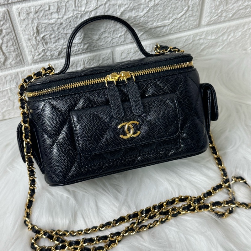 Chanel 手提長盒子化妝包 黑色金扣荔枝牛皮-27