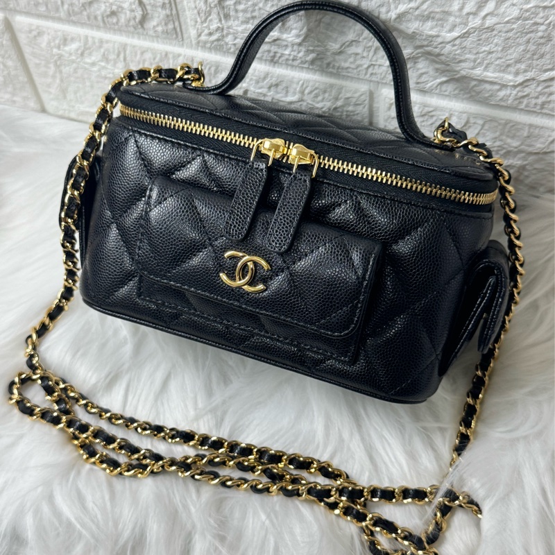 Chanel 手提長盒子化妝包 黑色金扣荔枝牛皮-28