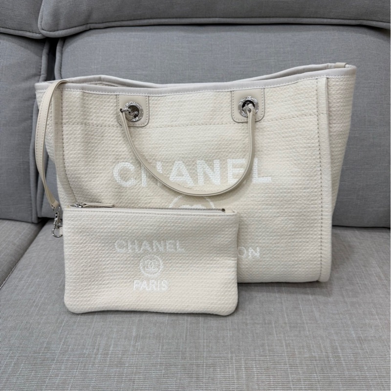 香奈兒CHANEL 經典Deauville帆布鏈帶托特包(米白)-0