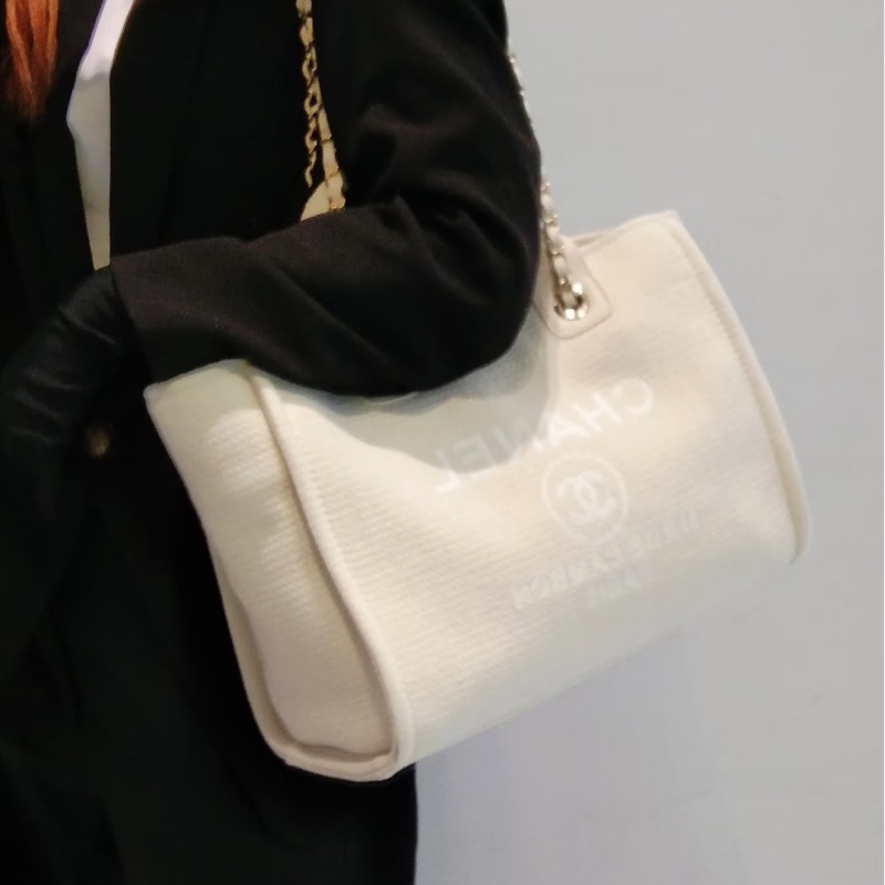 香奈兒CHANEL 經典Deauville帆布鏈帶托特包(米白)-2