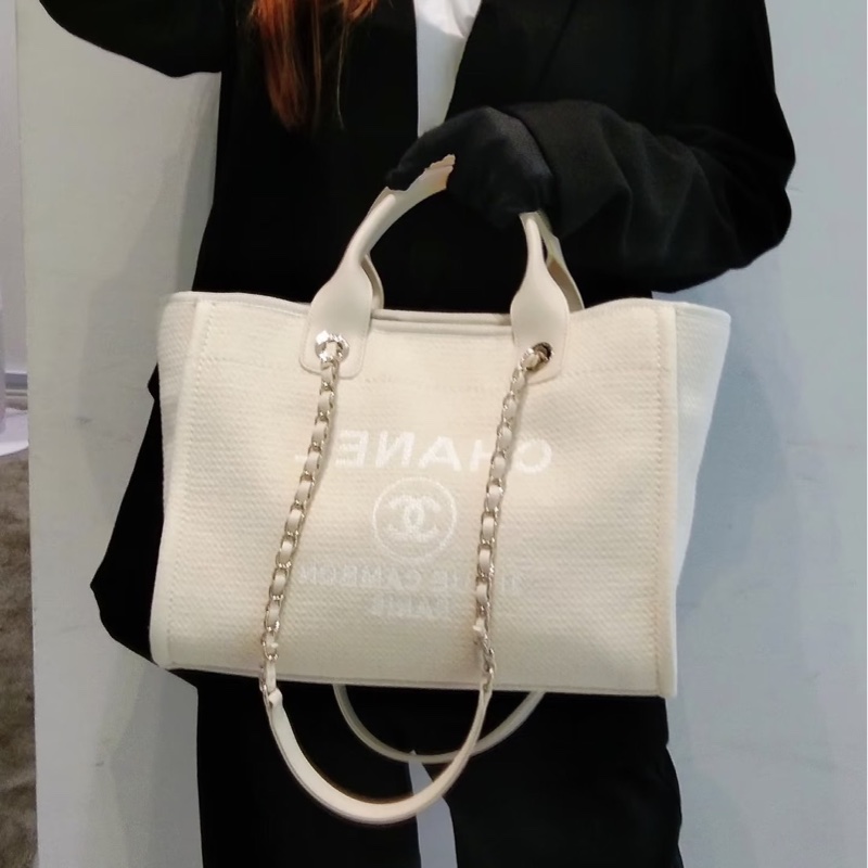 香奈兒CHANEL 經典Deauville帆布鏈帶托特包(米白)-3