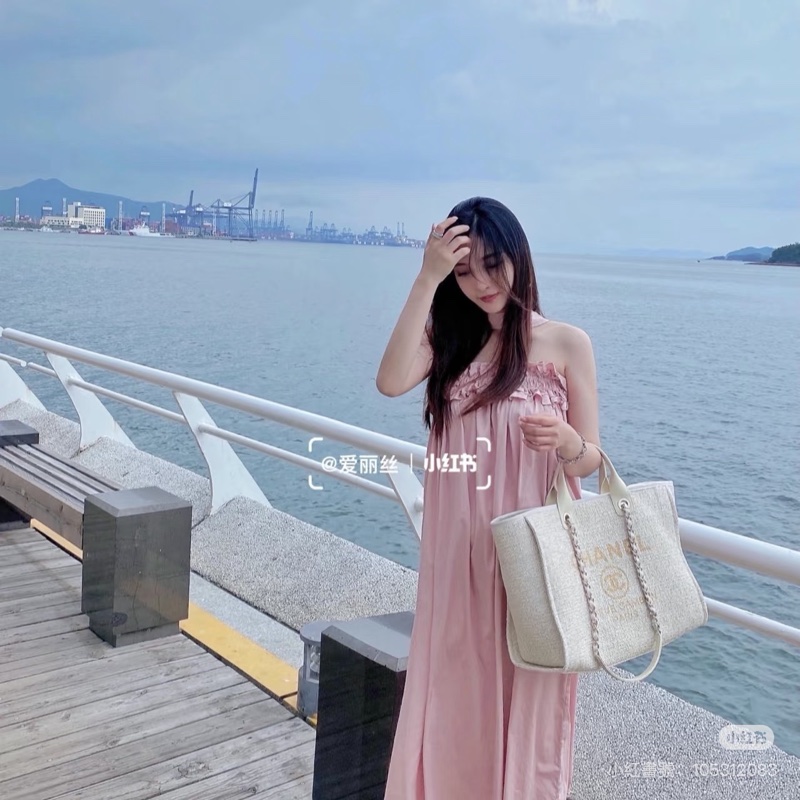 香奈兒CHANEL 經典Deauville帆布鏈帶托特包(米白)-4