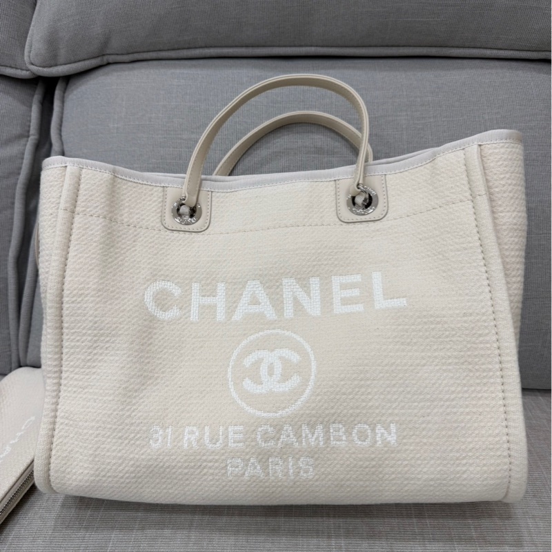 香奈兒CHANEL 經典Deauville帆布鏈帶托特包(米白)-5