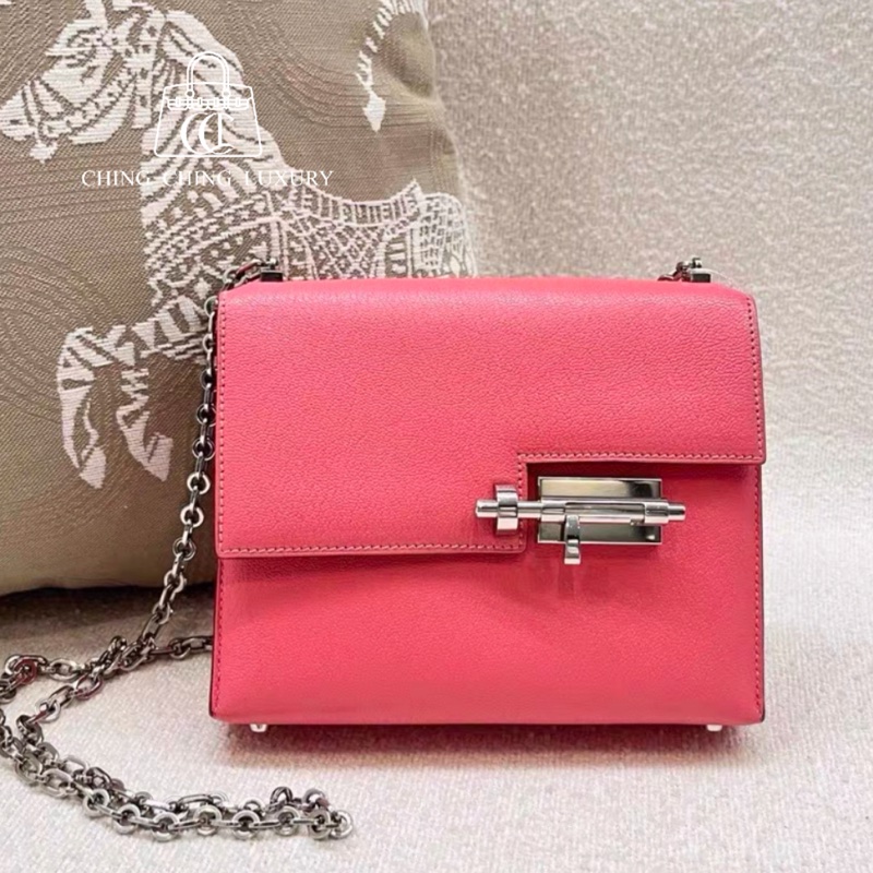 🌈Hermes💗Mini Verrou💗唇膏粉銀扣💗98新🌟手槍包🌟愛馬仕🌟-0