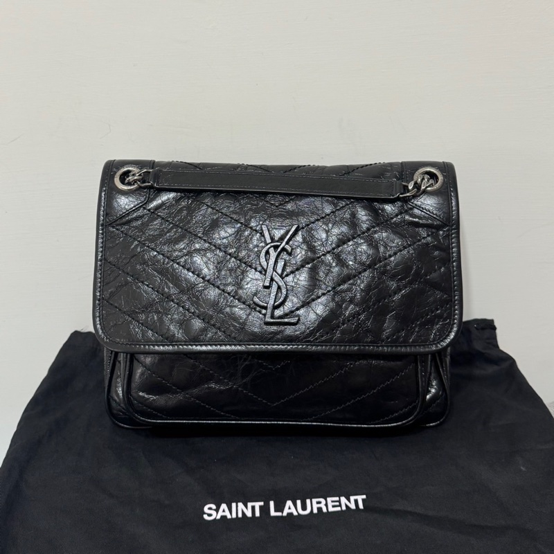 YSL NIKI 經典黑銀復古小牛皮斜背包D扣款-0