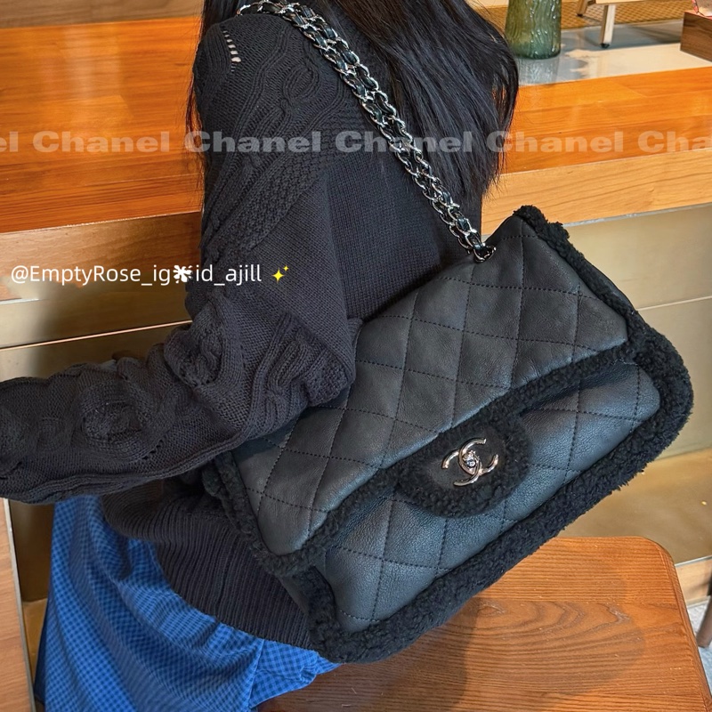 Chanel 黑銀羔羊毛🧸泰迪熊毛毛CF Black銀色雙鏈-0