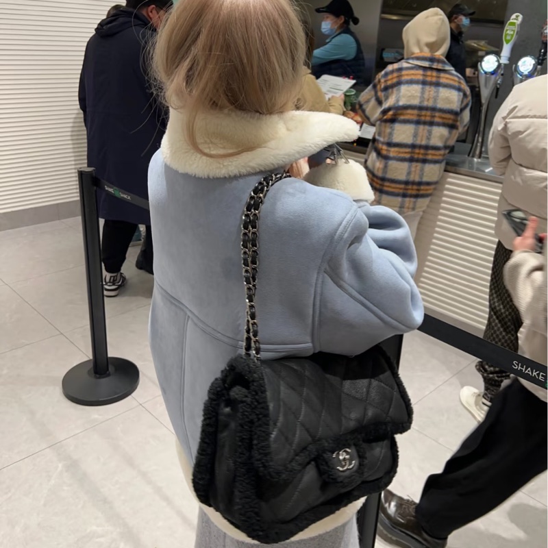 Chanel 黑銀羔羊毛🧸泰迪熊毛毛CF Black銀色雙鏈-1