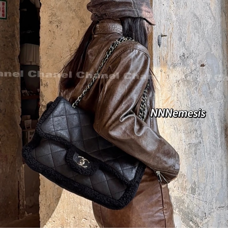 Chanel 黑銀羔羊毛🧸泰迪熊毛毛CF Black銀色雙鏈-5