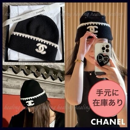 Chanel 全新 現貨 黑色 白線 毛帽-2
