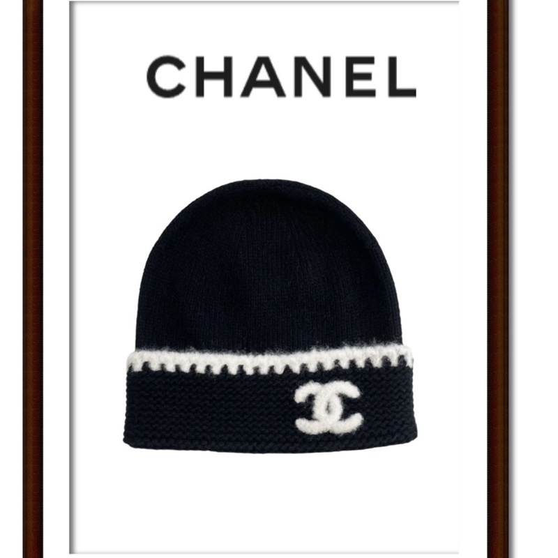 Chanel 全新 現貨 黑色 白線 毛帽-3