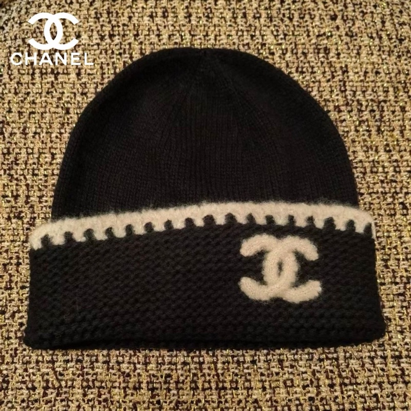 Chanel 全新 現貨 黑色 白線 毛帽-5