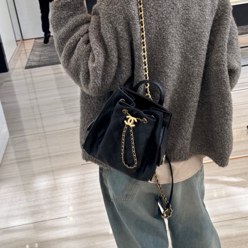 Chanel 全新 現貨 25 後背包 荔枝牛皮 黑金 小號-2