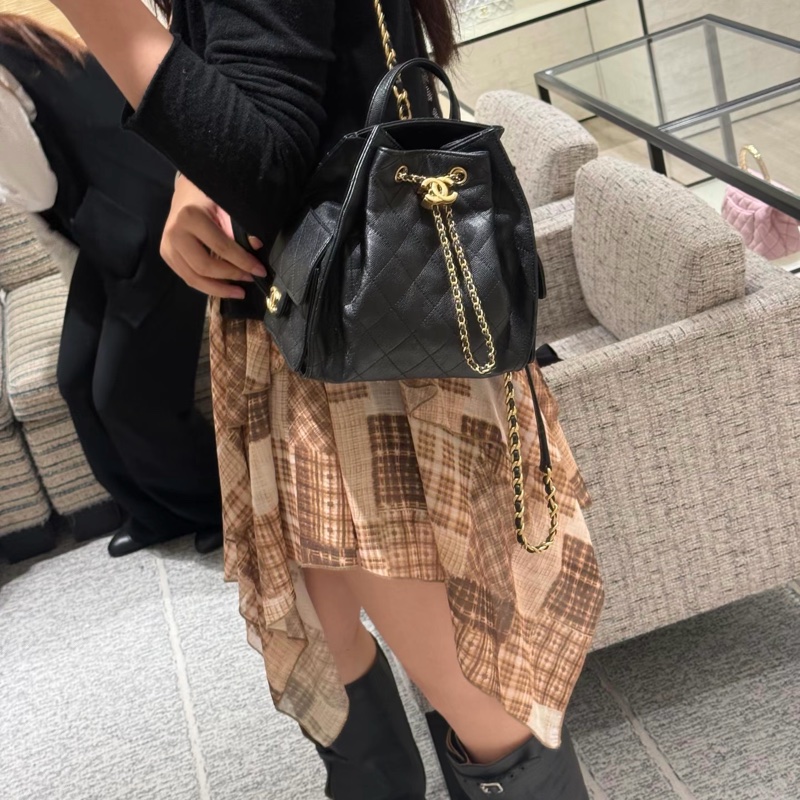Chanel 全新 現貨 25 後背包 荔枝牛皮 黑金 小號-3