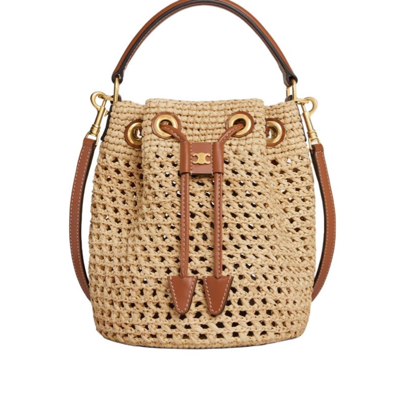 Celine 女士 TEEN CLARA 拉菲草和小牛皮單肩包均碼碼16cm*19cm*16cm-4
