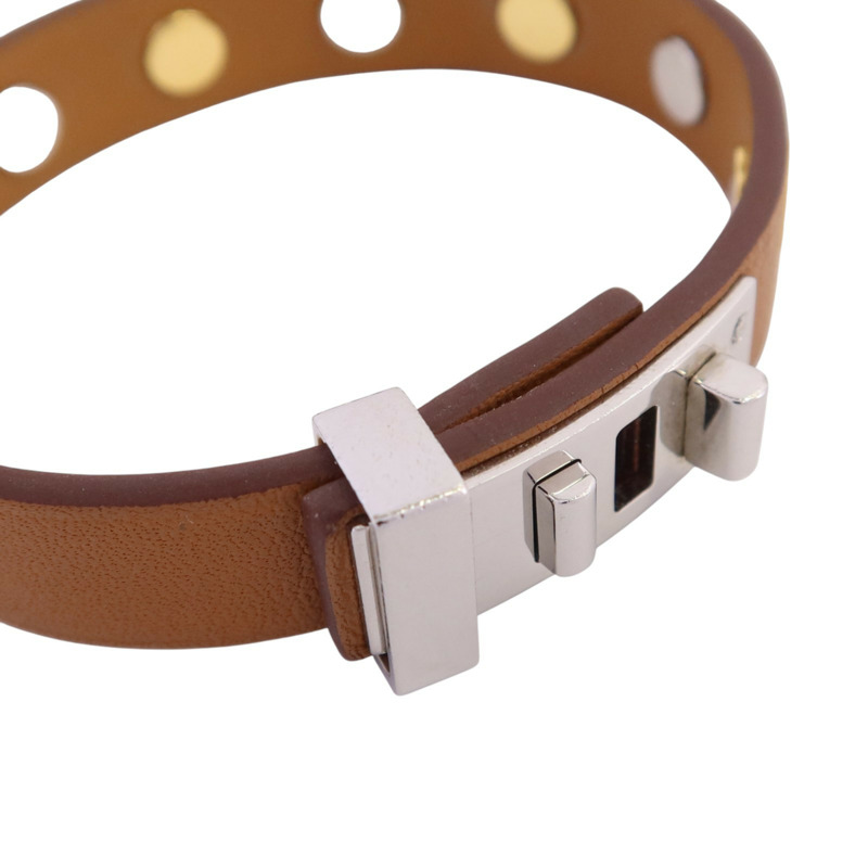 HERMES 牛皮皮革Mini Dog Round Coeur Bangle銀扣手鐲-4