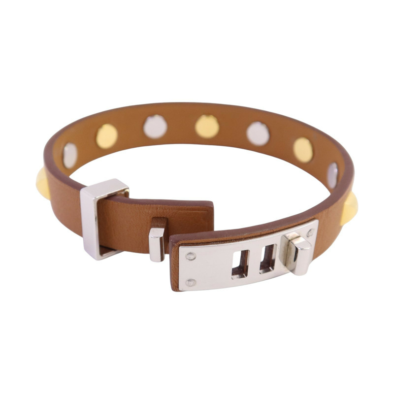 HERMES 牛皮皮革Mini Dog Round Coeur Bangle銀扣手鐲-5