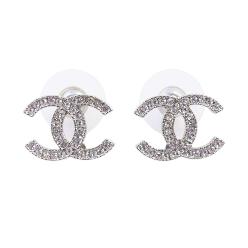 CHANEL 金屬/水鑽CC Earrings銀扣耳環-0