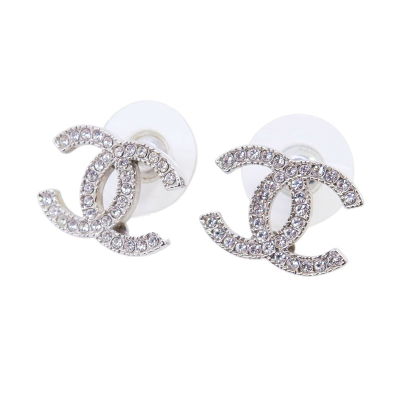 CHANEL 金屬/水鑽CC Earrings銀扣耳環-1
