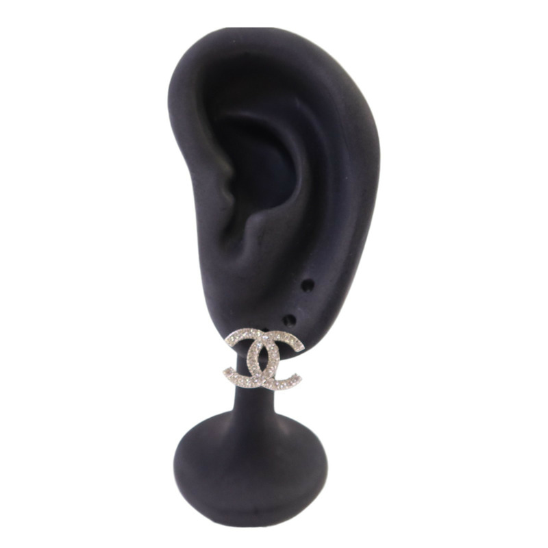 CHANEL 金屬/水鑽CC Earrings銀扣耳環-8